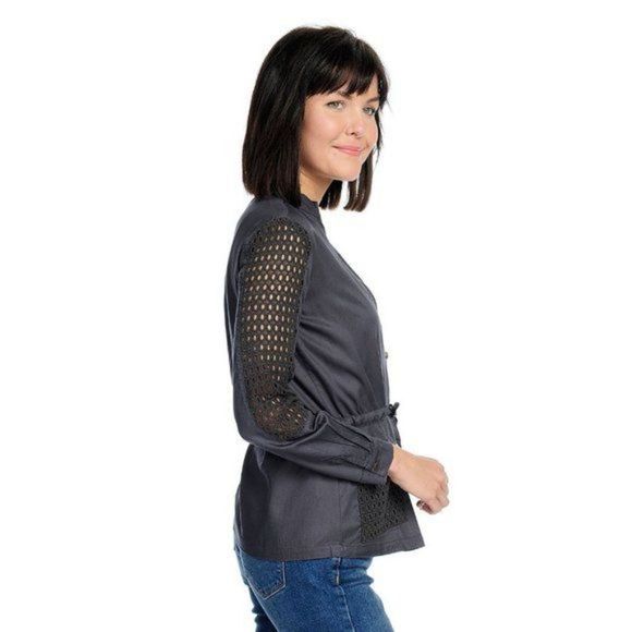 Navy Long Sleeve Zip Up Utility Jacket with Crochet Detail - Picture 2 of 6